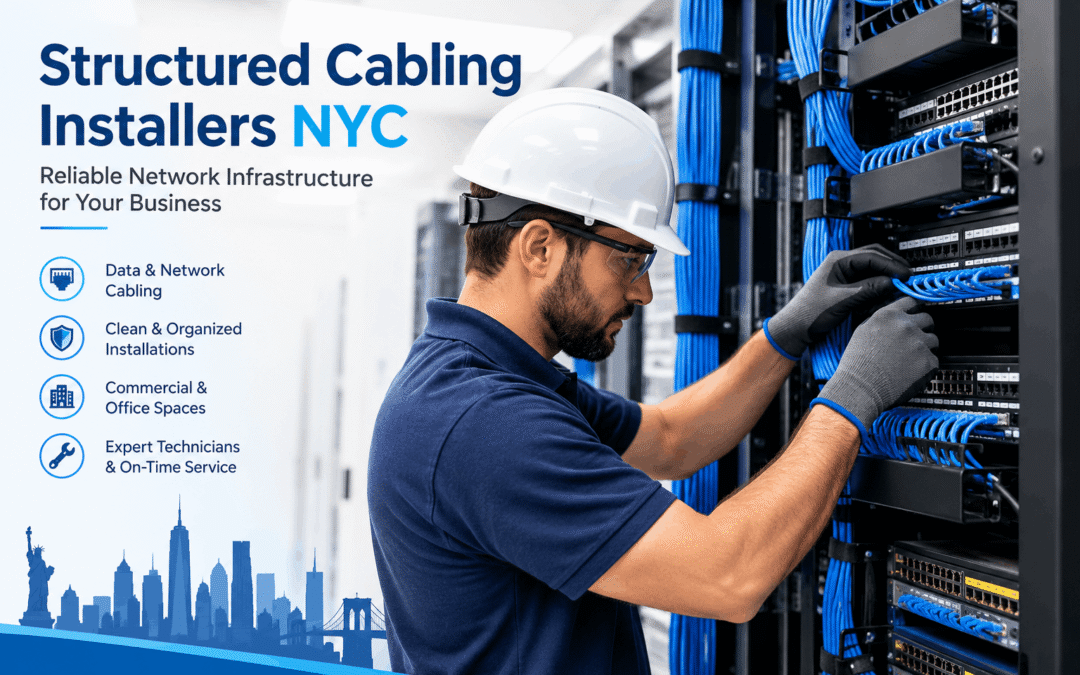 Structured cabling installers wiring a commercial office in NYC