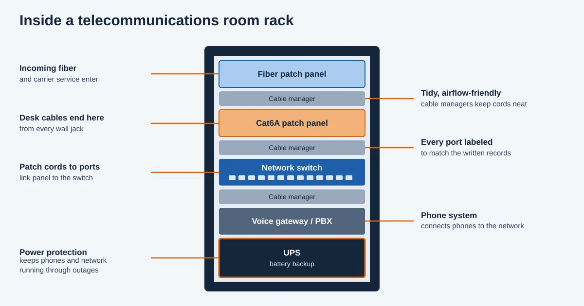 Diagram of a network rack showing a fiber patch panel, copper patch panel, cable managers, switch, voice gateway and battery backup