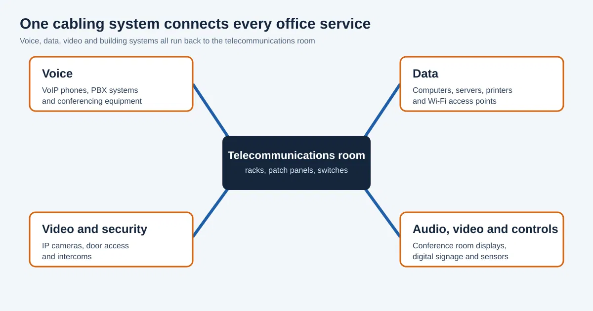 Diagram showing a telecommunications room connected to voice, data, video and security, and audio, video and control systems