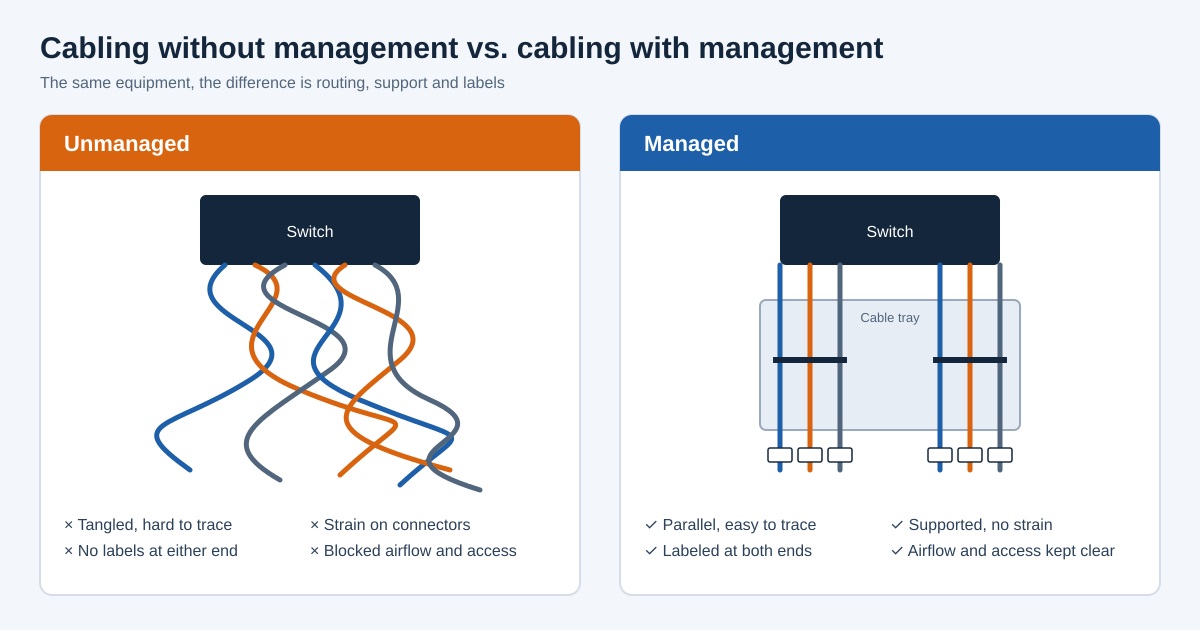 Comparison of tangled unlabeled office cabling and neatly routed labeled cabling in a cable tray