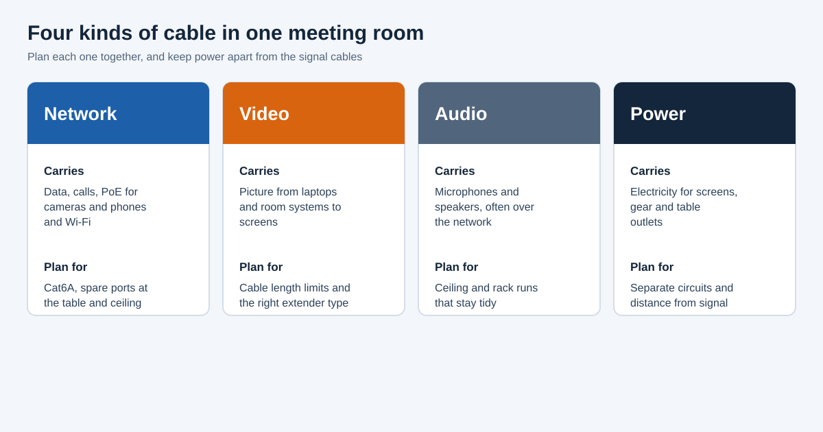 Four cards for network, video, audio and power cable in a conference room, with what each carries and what to plan for