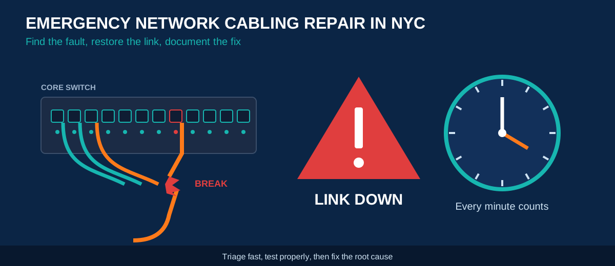 Emergency network cabling repair NYC illustration showing a broken network cable at a switch, a red alert indicator and a clock