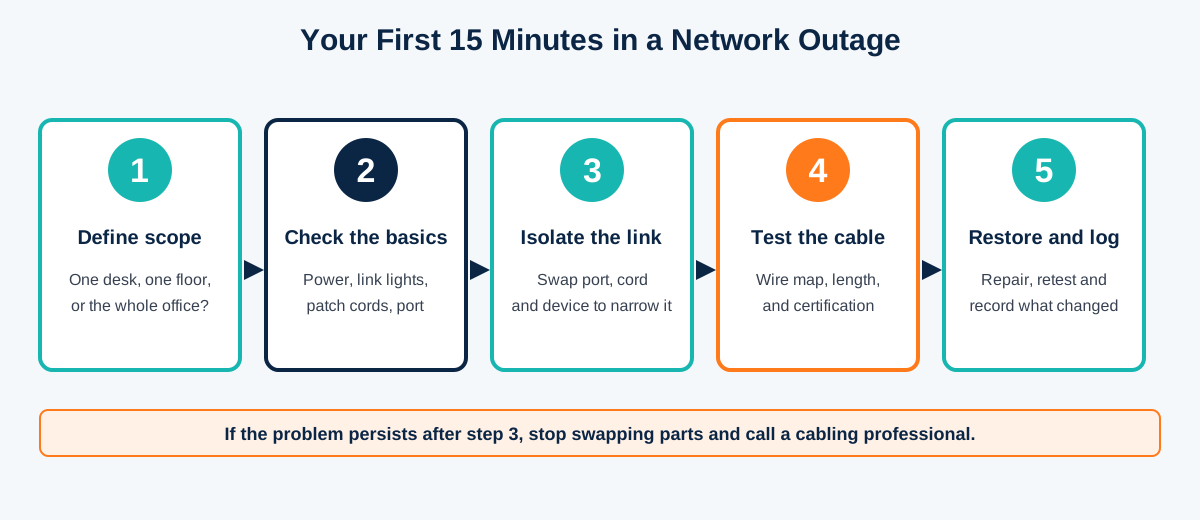Five step flow for the first minutes of a network outage: define scope, check the basics, isolate the link, test the cable, restore and log