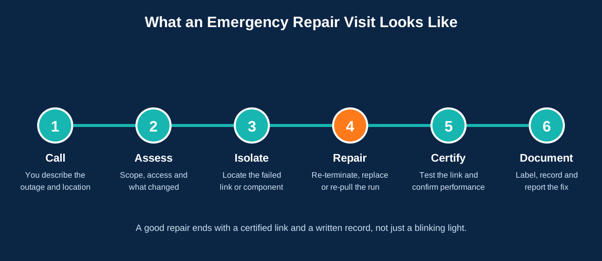 Timeline of an emergency cabling repair visit: call, assess, isolate, repair, certify and document