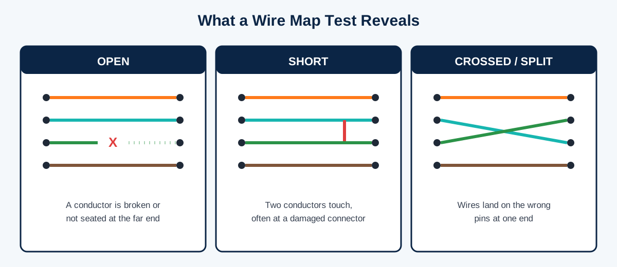 Diagram of common copper cable faults found in a wire map test: open, short and crossed pair