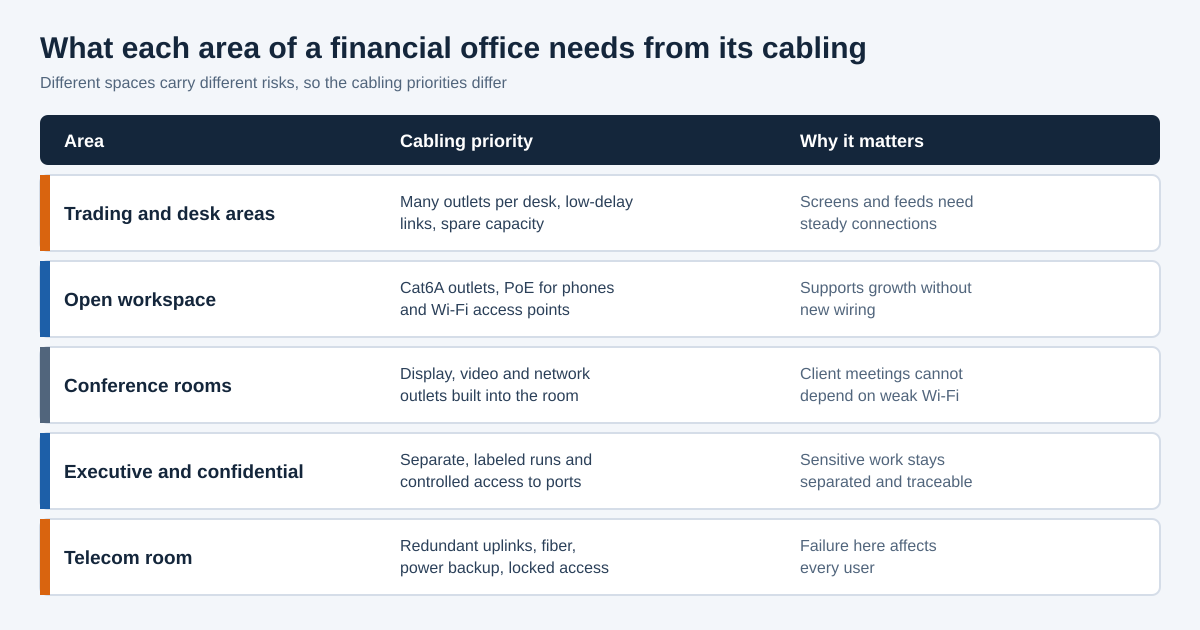 Table of cabling priorities for trading areas, open workspace, conference rooms, executive offices and the telecom room