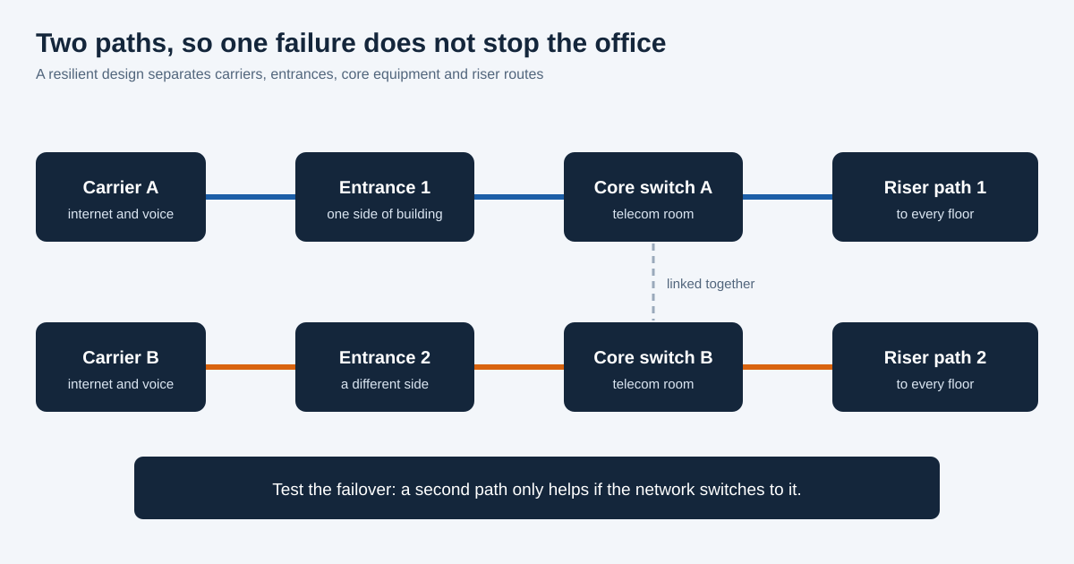 Diagram of two carriers, two building entrances, two core switches and two riser paths for a financial office