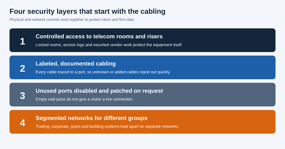 Four security layers: controlled access to telecom rooms, labeled cabling, disabled unused ports and segmented networks