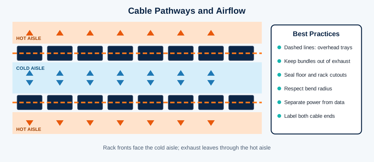 Top-down hot aisle and cold aisle layout with overhead cable trays kept out of the airflow path