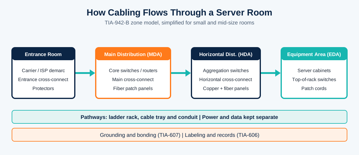 Diagram of data center cabling zones from entrance room to main distribution area, horizontal distribution area and equipment area