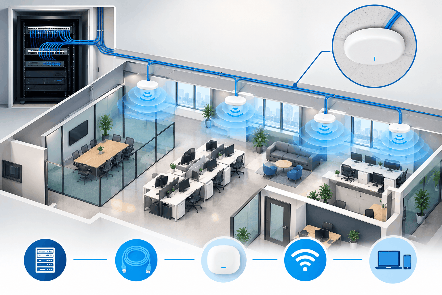 Ethernet cables connected to a PoE switch for office Wi-Fi access points