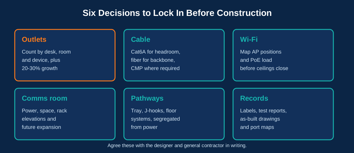 Planning checklist graphic for office cabling: outlets with growth allowance, Cat6A, access points, comms room, pathways and documentation