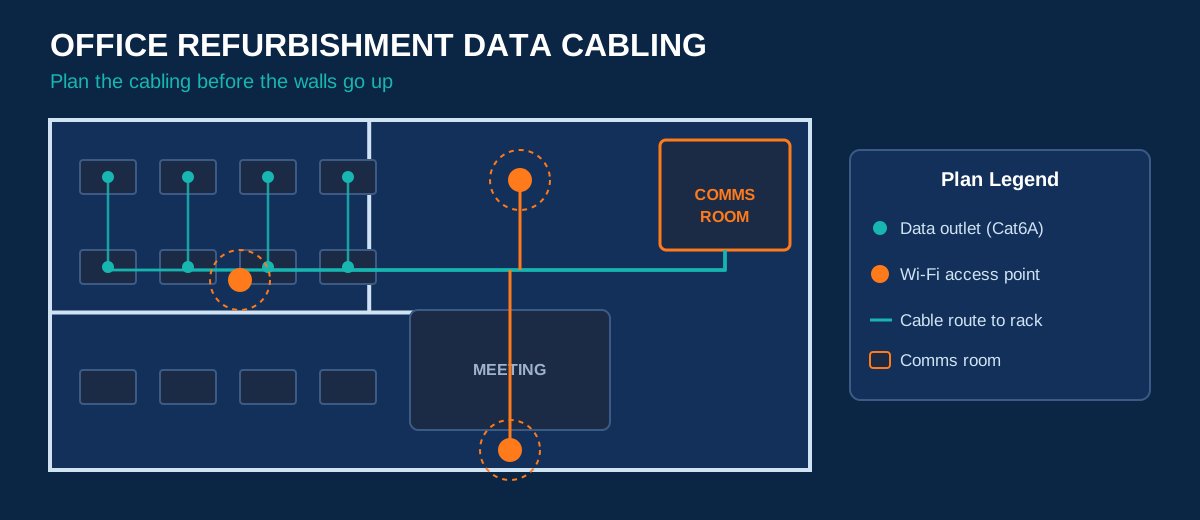 Office refurbishment data cabling: a floor plan with new data outlets, Wi-Fi access points and cable routes back to the comms room
