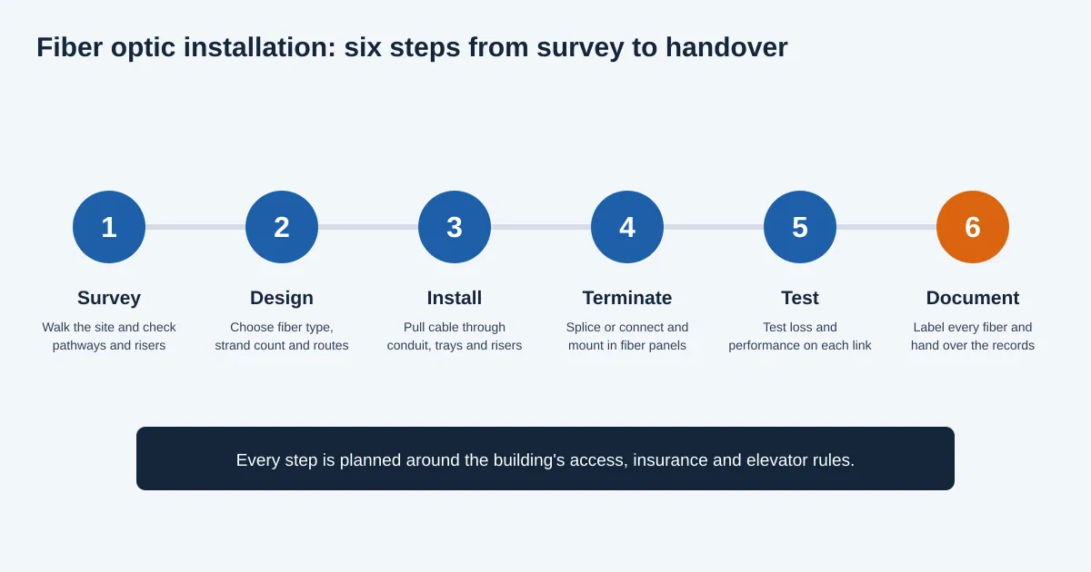 Six-step diagram of the fiber optic installation process: survey, design, install, terminate, test and document